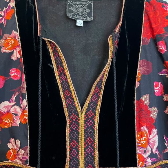 Johnny Was Jade Kimmy Smocked Floral-Print Peasant Top Embroidered Velvet Trim L - Picture 5 of 13